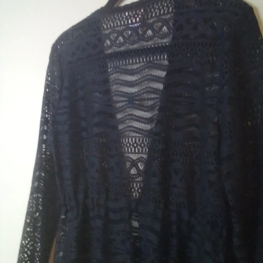 Dotti Cardigan Sweater Women S Long Sleeve Fringe Lace Open Tie Front Black